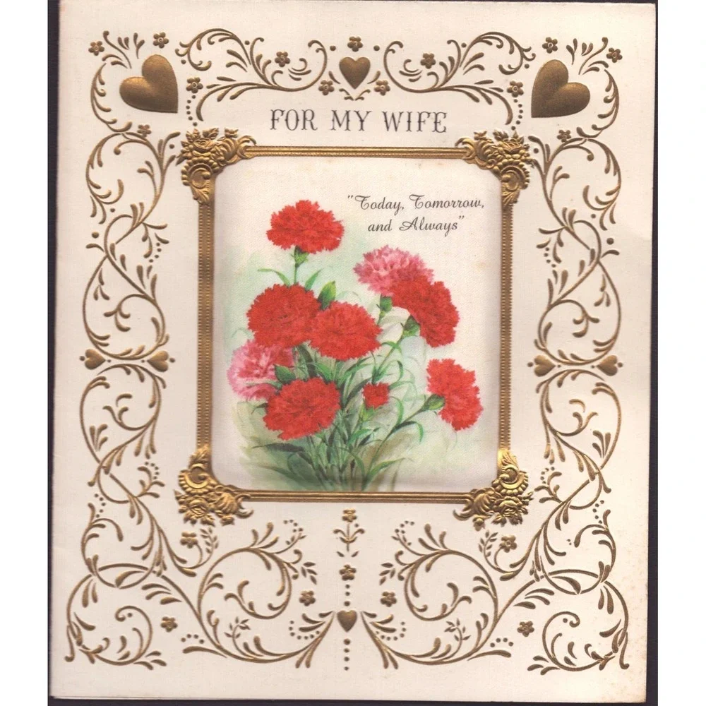Vintage Hallmark Valentines Day Card For My Wife Gold Foil Carnations 50V 589-7